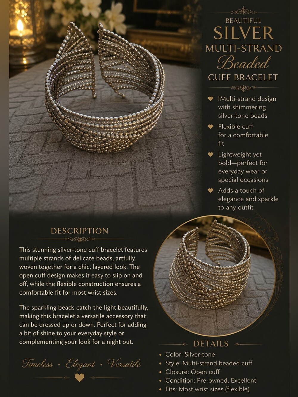 Silver-Tone Multi-Strand Beaded Cuff Bracelet - Elegant Women's Jewelry
